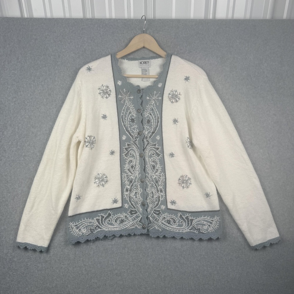 Koret Sweater Women Small Cream Blue Embroidered Snowflake Beaded Holiday Granny